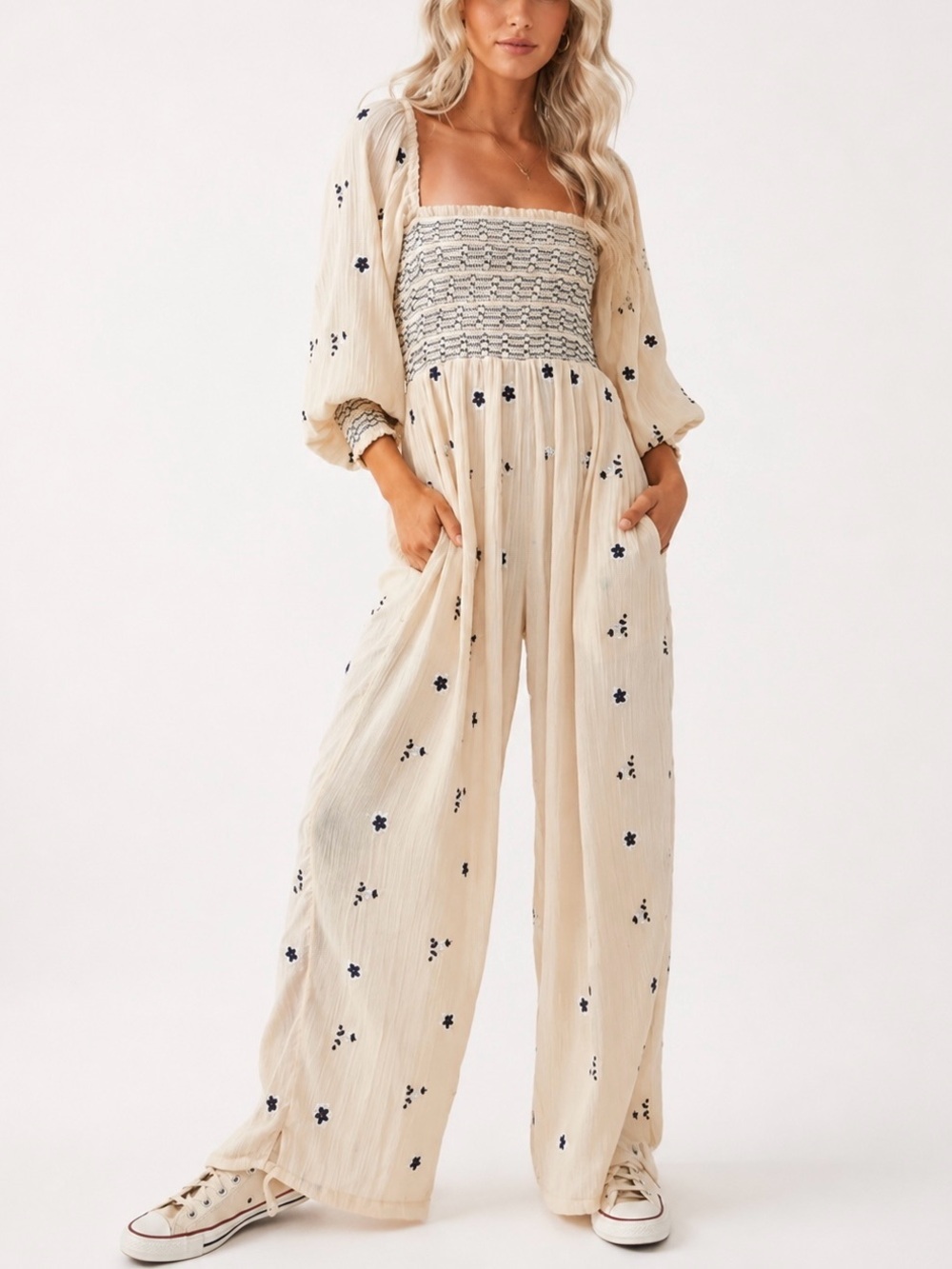 Free People Dahlia Embroidered Jumpsuit Romper Cream Cotton Smocked Boho Size M - Picture 2 of 8